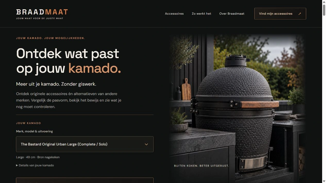 Actuele Braadmaat-website: Ontdek wat past op jouw kamado.